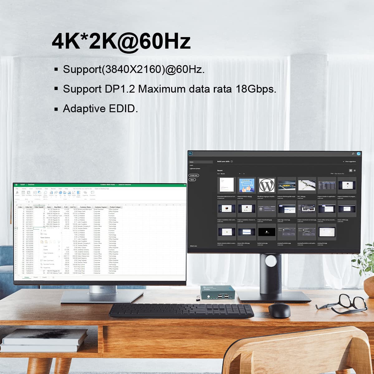 KVM Switch Dual Monitor DP 4K@60Hz Extended Display, Displayport 1.2 KVM Switch 2 in 2 Out with 4 USB 2.0 Hub, PC 2 Monitors Keyboard Mouse Switcher. Come with 4 DP Cables and 2 USB Cables