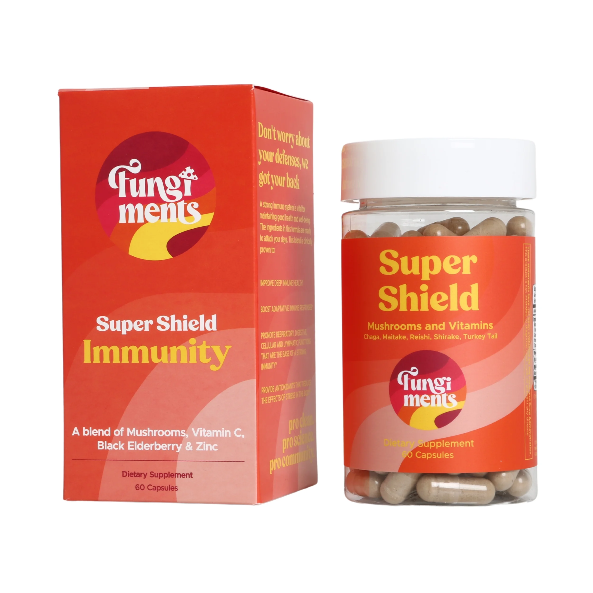 Fungiments Super Shield - Immune Boost, Mushroom Blend, Vitamin C, Zinc, Black Elderberry - 60 Ct