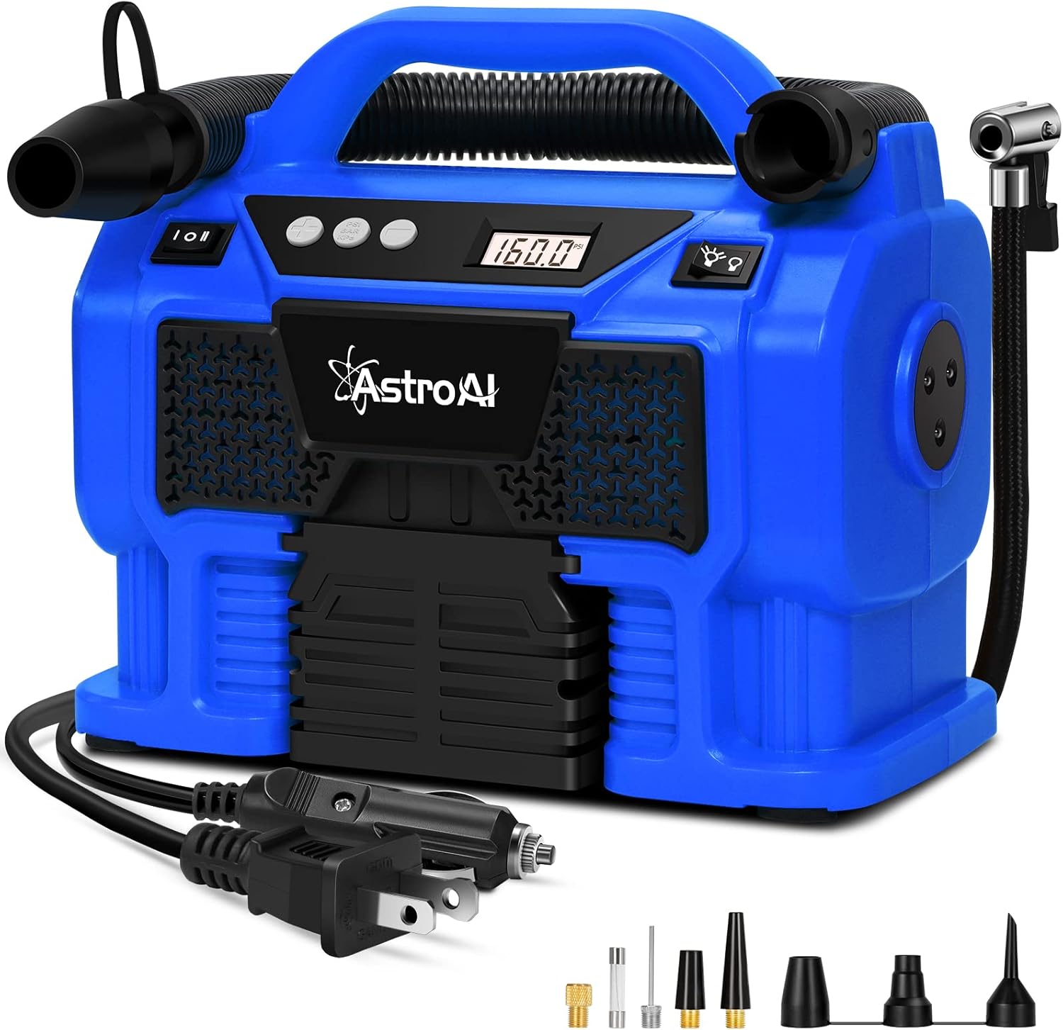 AstroAI Tire Inflator Air Compressor Portable Cordless Car Tire Pump 160 PSI 3 Power Supply 12V DC / 110V AC / 20V Battery with Dual Metal Motors & LCD Pressure Gauge for Tires & Inflatables ACJY3PYE