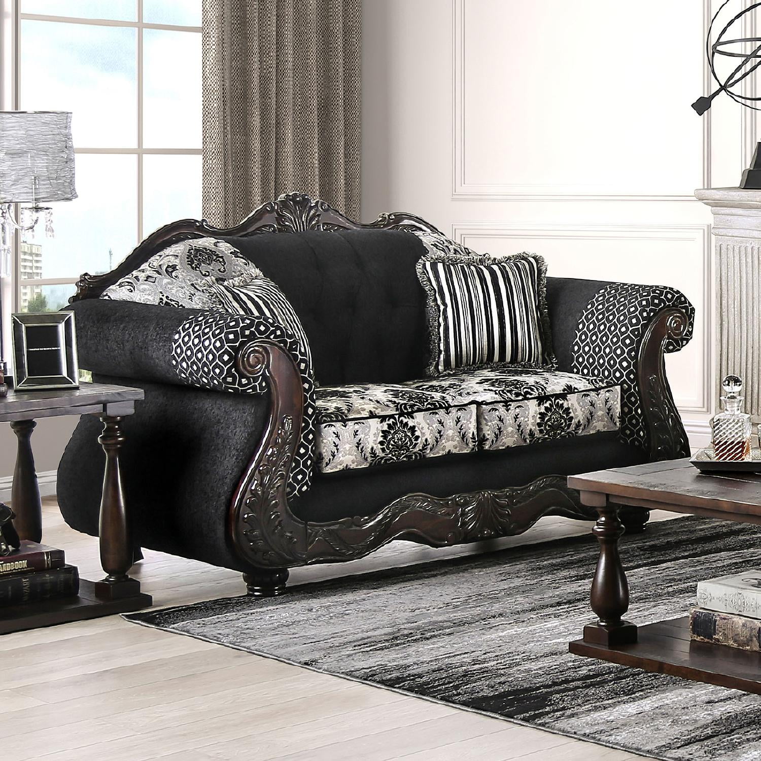 Traditional Black Chenille Sofa and Loveseat Furniture of America Ronja