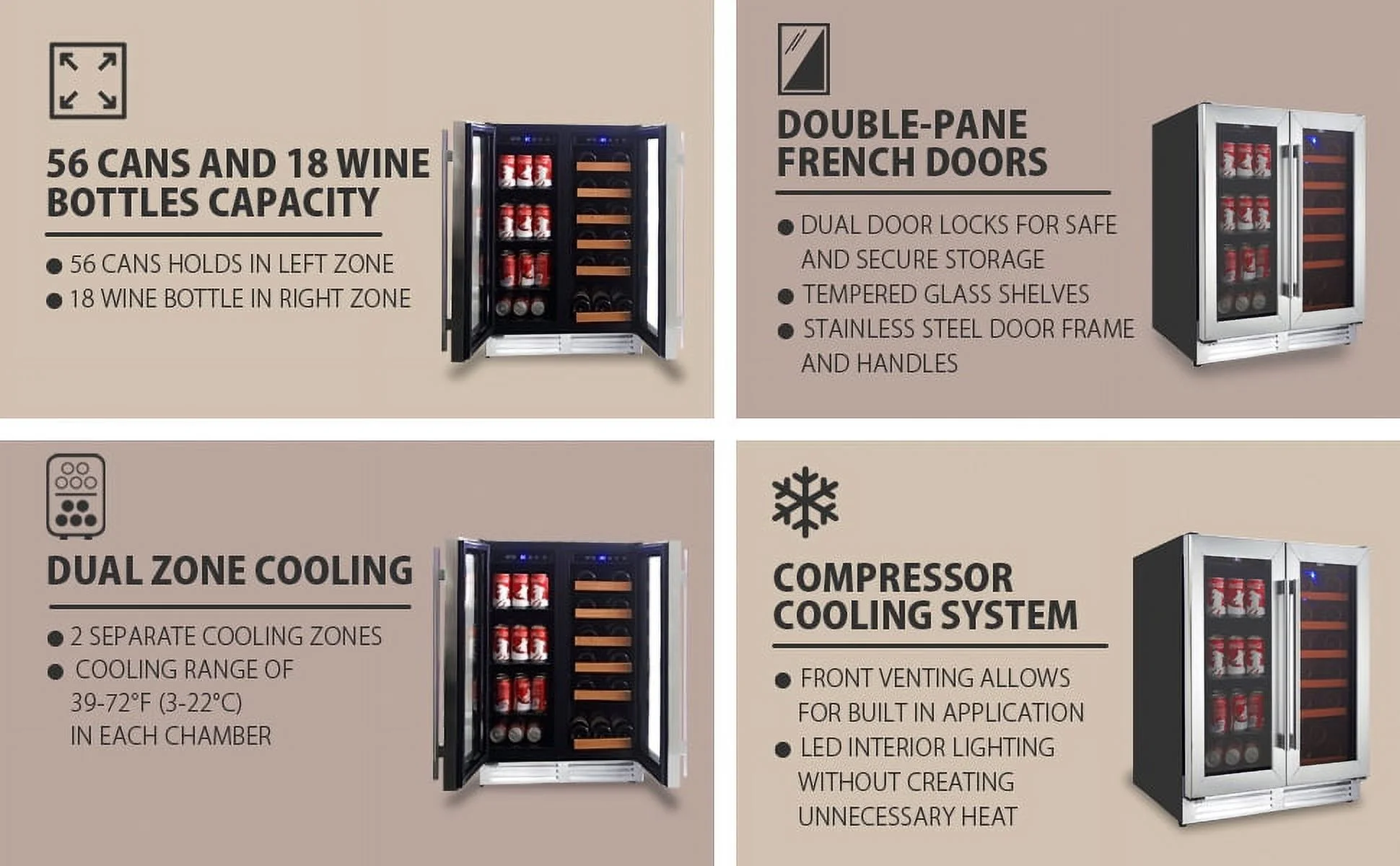 Koolatron 18 Bottles and 56 Cans Built-In Under-Counter 24 Inch Dual Zone Wine Cooler and Beverage Fridge