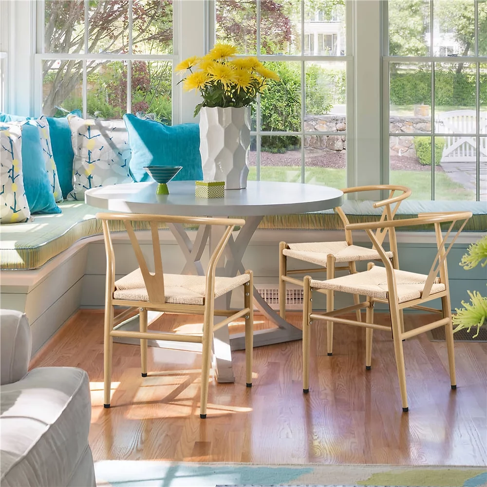 SMILE MART 4pcs Weave Modern Dining Chair with Metal Frame, Wood Color