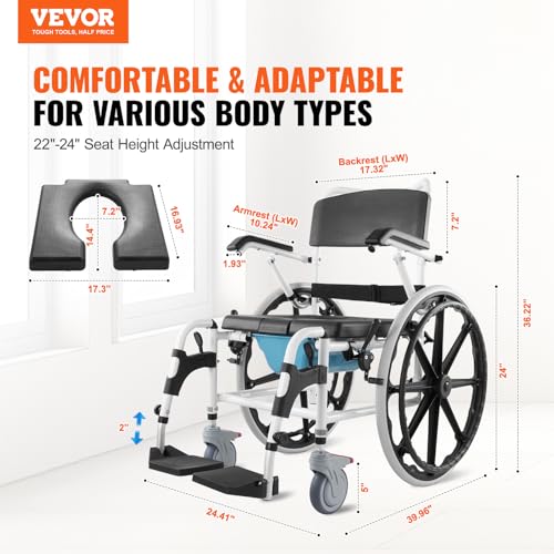 VEVOR Shower Wheelchair, 17.5in Width Aluminum Alloy Bathroom Wheelchair for Inside Shower, Adjustable Rolling Shower Chair w/Brake for Disabled Adult, 300 lbs Capacity Shower Transport Chair