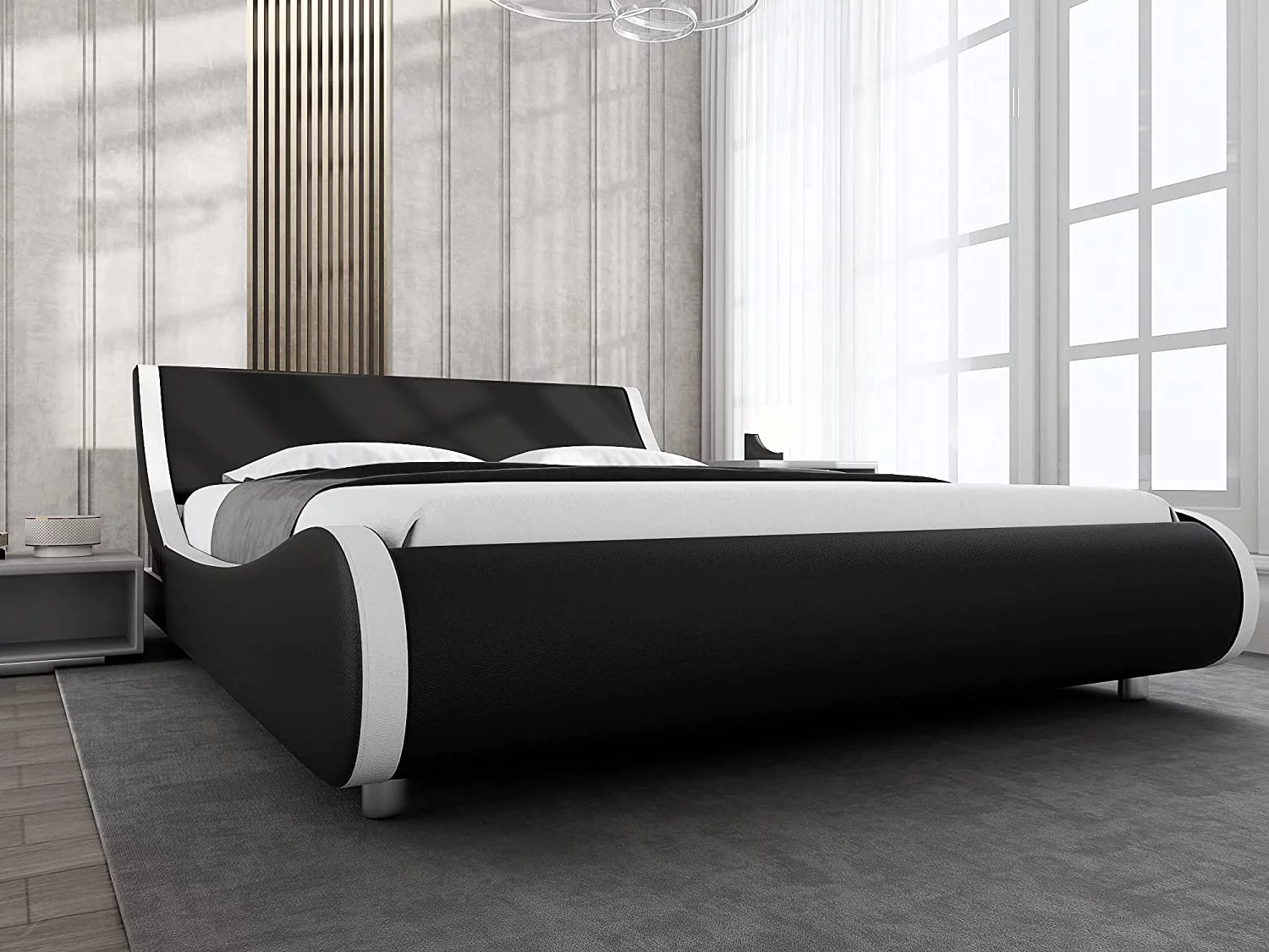 Allewie Modern Low Profile Wave-Like King Size Platform Bed Frame with Leather Curved Adjustable Headboard, Black and White Border