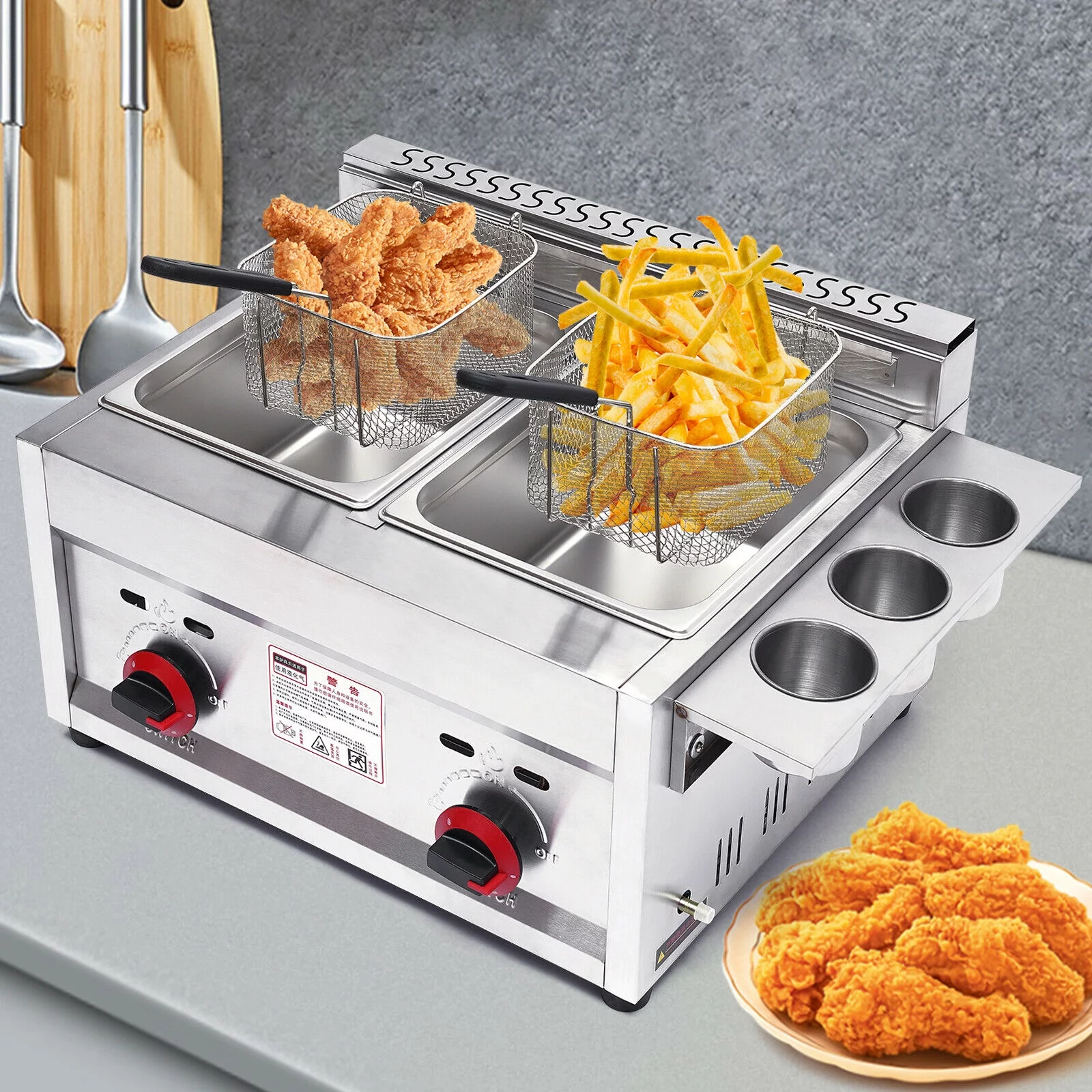 TFCFL 2*6L Commercial Countertop Gas Deep Fryer Round Infrared Oven with 2 Frying Basket 18000Btu/hr