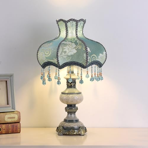 Victorian Style Blue Table Lamp, Flower Decorative Bedside Desk Lamp with Bead Curtain, Resin Base, Elegant Night Light for Bedroom Nightstand