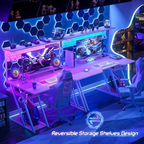 Armocity Gaming Computer Desk with Shelves and Outlets, Gaming Desk with Hutch and LED Lights, Reversible PC Gaming Desks with Pegboard, Carbon Fiber Black 47''