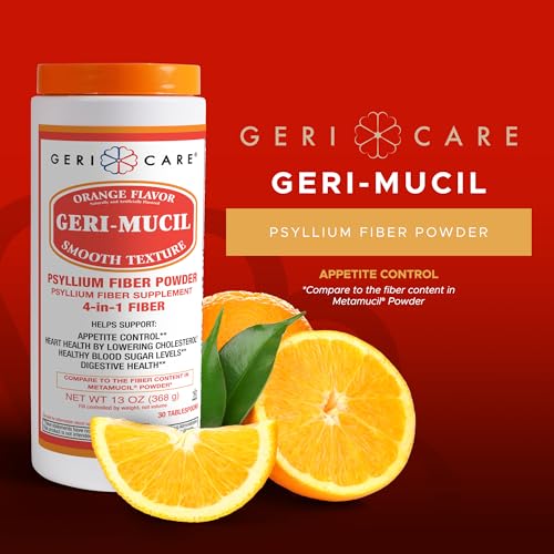 Geri-Mucil Psyllium Powder By GeriCare|4-In-1 Orange-Flavor Psyllium Husk Powder| Daily Fiber Supplement| Sweetened Gluten-Free Fiber Drink Mix| Water-Soluble Husk Fiber Powder For Bowel Movement|13oz