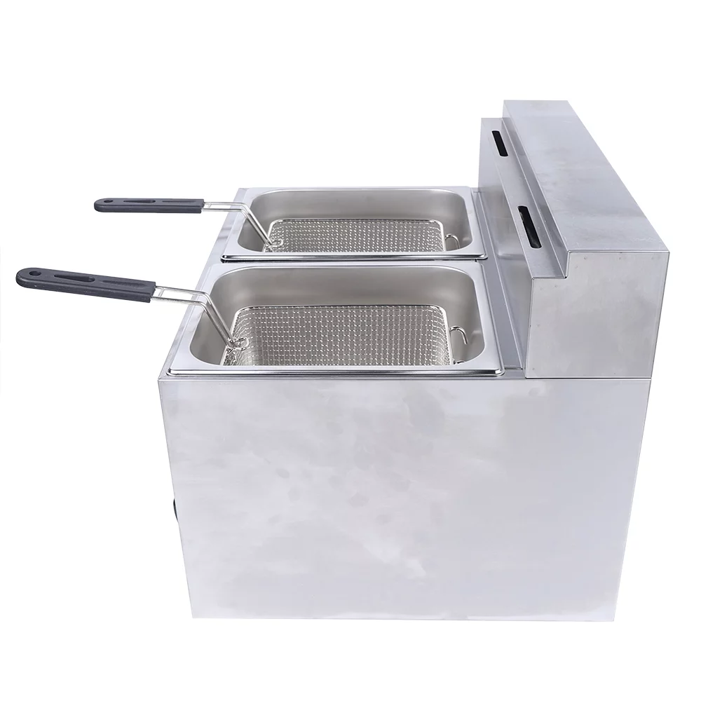 12L Stainless Steel Deep Fryer with 2 Basket and 2 Lid, Table Snack Fryer, Double Cylinder Gas Fryer, White
