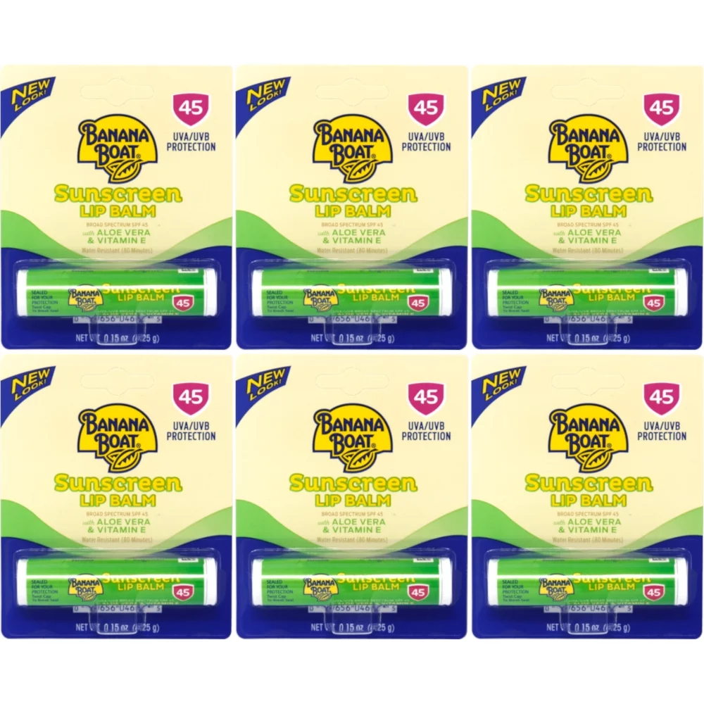 6 Pk Banana Boat Aloe Vera with Vitamin E Sunscreen Lip Balm, SPF 45 - .15oz Ea