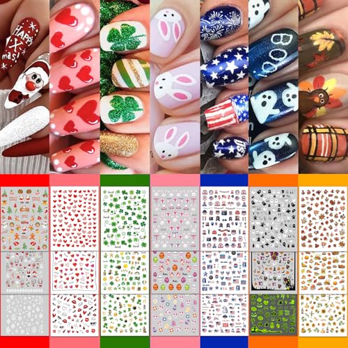 30 Sheets 7 Holiday Nail Art Stickers, Mixed Season Nail Decals Set for All Year, 3D Self-Adhesive Pegatinas Uñas Easter 4th of July Halloween Thanksgiving Christmas Valentine's St. Patrick's Day