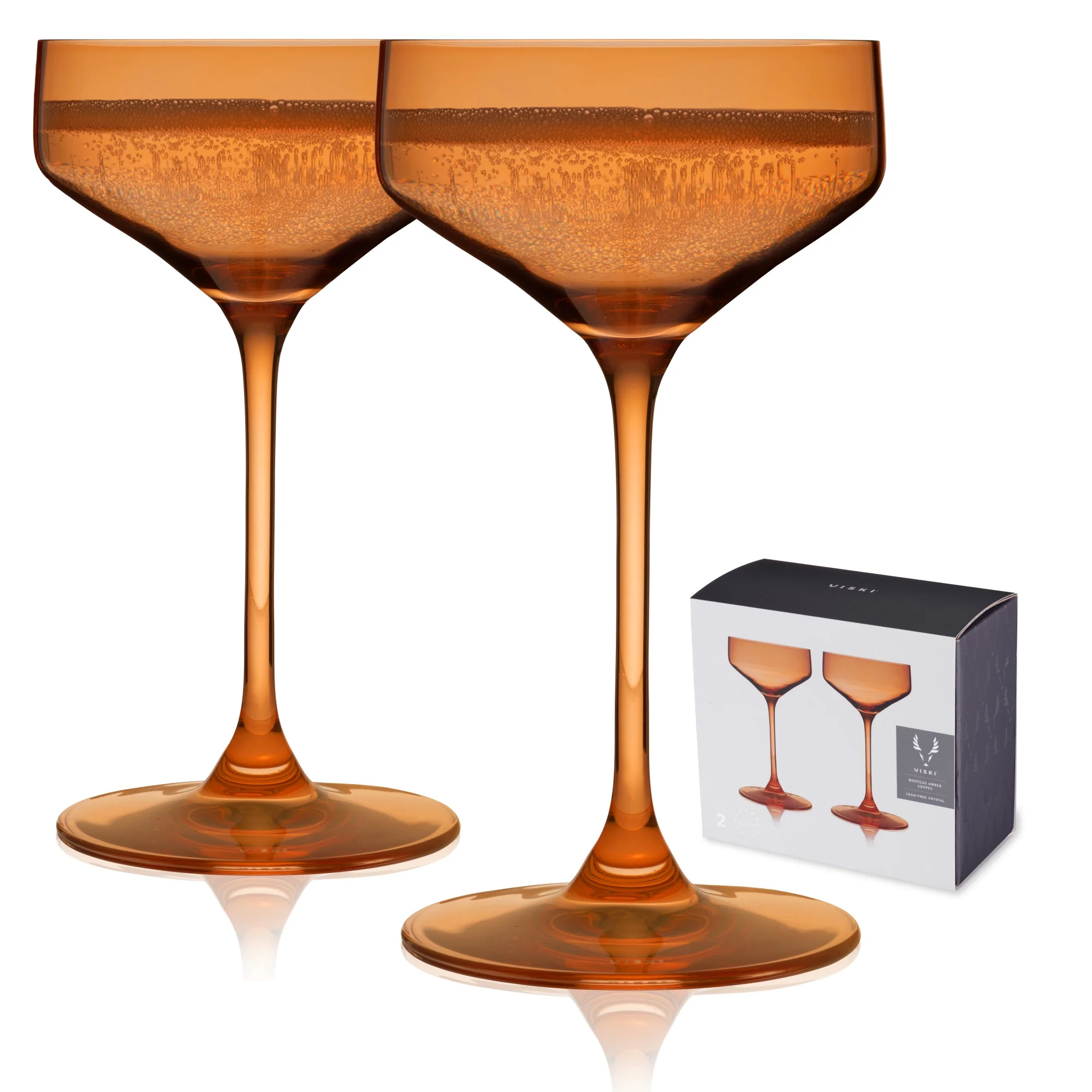 Viski Reserve Nouveau Amber Coupe Cocktail Glasses - Crystal Colored Coupe Glasses Colorful Martini Glasses - 6.5oz Long Stem Glassware Set Set of 2