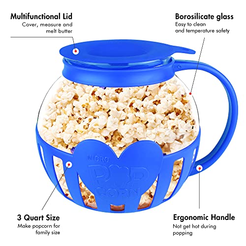 The Original Korcci 3 Quart Microwave Glass Popcorn Popper, Borosilicate Glass, Dishwasher Safe, 3-in-1 Silicone Lid, BPA Free, Family Size (Red)