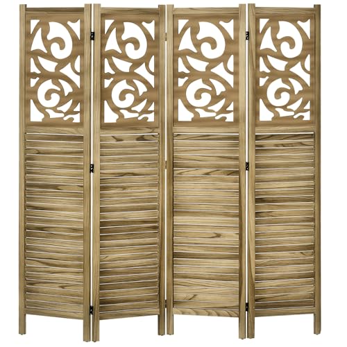 HOMCOM 4 Panel Room Divider, 5.5' Tall Wood Indoor Portable Folding Privacy Screens, Double Hinged Partition Wall Dividers for Home Office, Brown