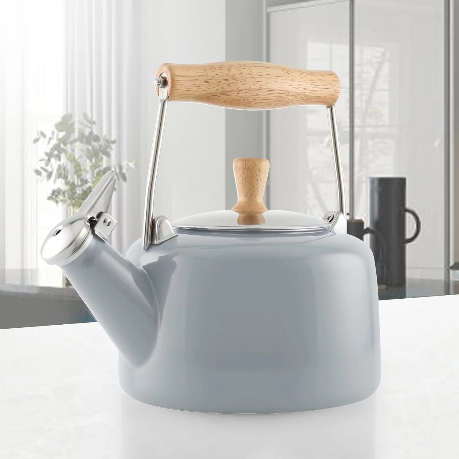 SVEN Enamel On Steel Whistling Teakettle With Natural Wood Handle, 1.4 Quarts (Fog Grey)