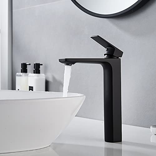 VOTON Vessel Sink Faucet Matte Black Tall Bathroom Faucet Single Handle Vanity Bathroom Sink Faucet 1 Hole Basin Mixer Tap with Water Supply Hose and Pop Up Sink Drain