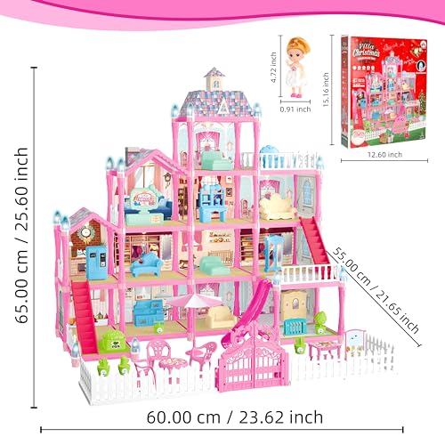 Doll House for Girls,13 Rooms Dollhouse with 2Dolls Figure, Lights, Puppies,Furnitures, Accessories, Toddler Playhouse Gift for for 3 4 5 6 7 8 9 10 Year Old Girls Toys (Pink)