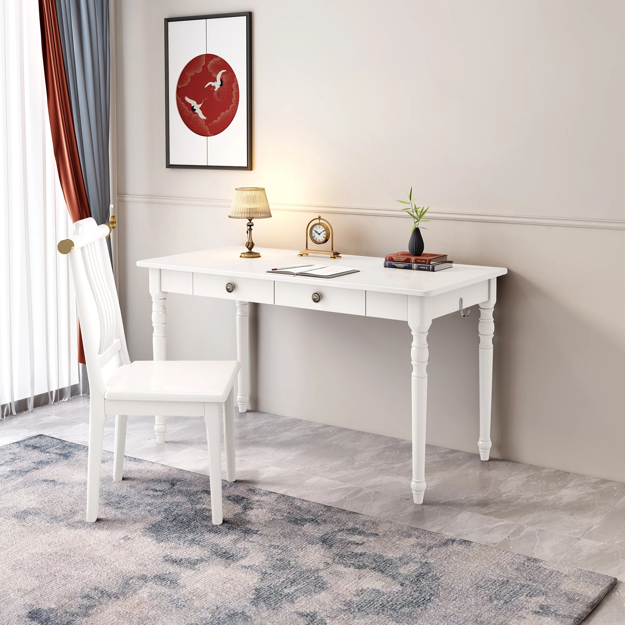 POJPION 47.2”Executive Desk and Chair Set, Office Computer Desk with Drawer, Modern Simple Workstation Business Furniture for Small Space, Bedroom , White