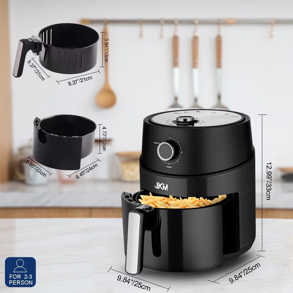 JKM Air Fryer 3.7 Quart, mechanical Air Fryer Oven, Adjustable Timer & Temp, No Oily Smoke Frying Cooking, Auto Shut Off, 1500W, Black