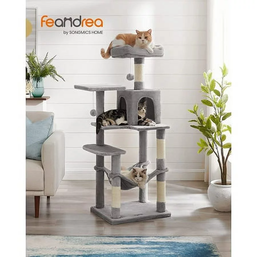Feandrea Cat Tree Cat Tower Cat Condo with Scratching Posts Hammock Cat Activity Center Light Gray