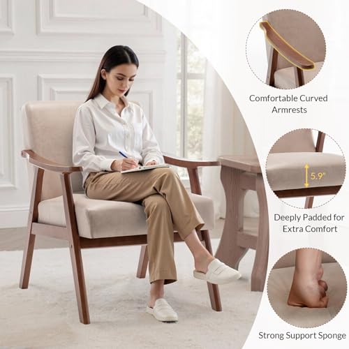 Rovibek Upholstered Accent Chair with Arms - Mid Century Modern Accent Chairs with Wood Frame, Upholstered Arm Chairs with 5.9in Thick Foam, Beige Occasional Chair, Set of 2
