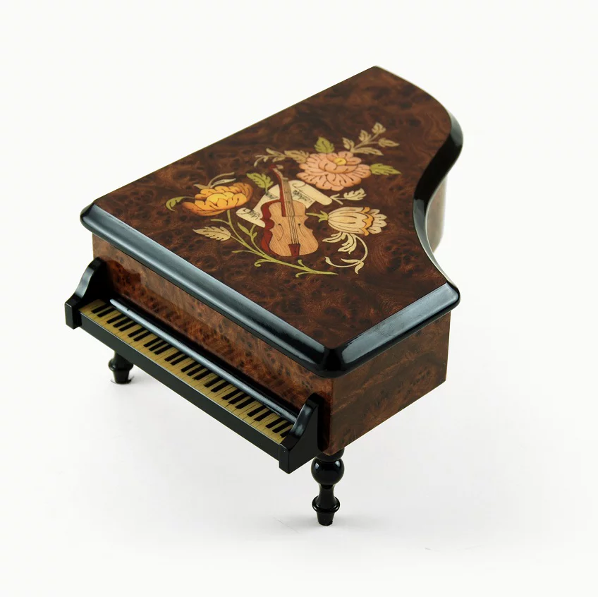 Gorgeous 30 Note Burl-Elm Music and Floral Theme Grand Piano Music Box - 9th Symphony (Ode to Joy)