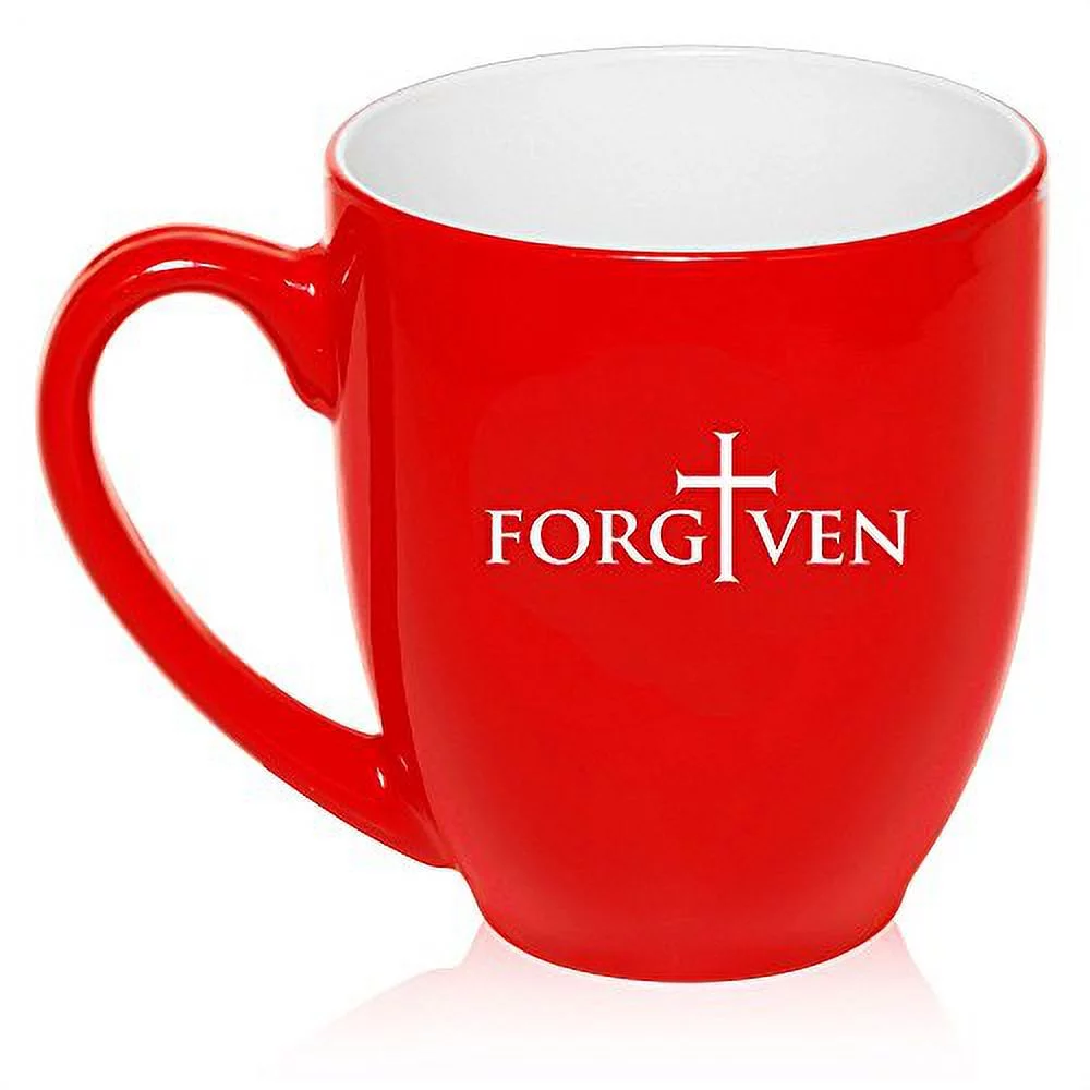 16 oz Large Bistro Mug Ceramic Coffee Tea Glass Cup Forgiven Cross (Red)