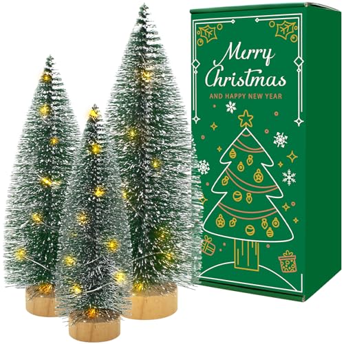 3 PCS Mini Bottle Brush Christmas Trees with Lights, Miniature Tabletop Christmas Tree for Christmas Decorations Indoor, Desktop Pine Tree Xmas Holiday Decor