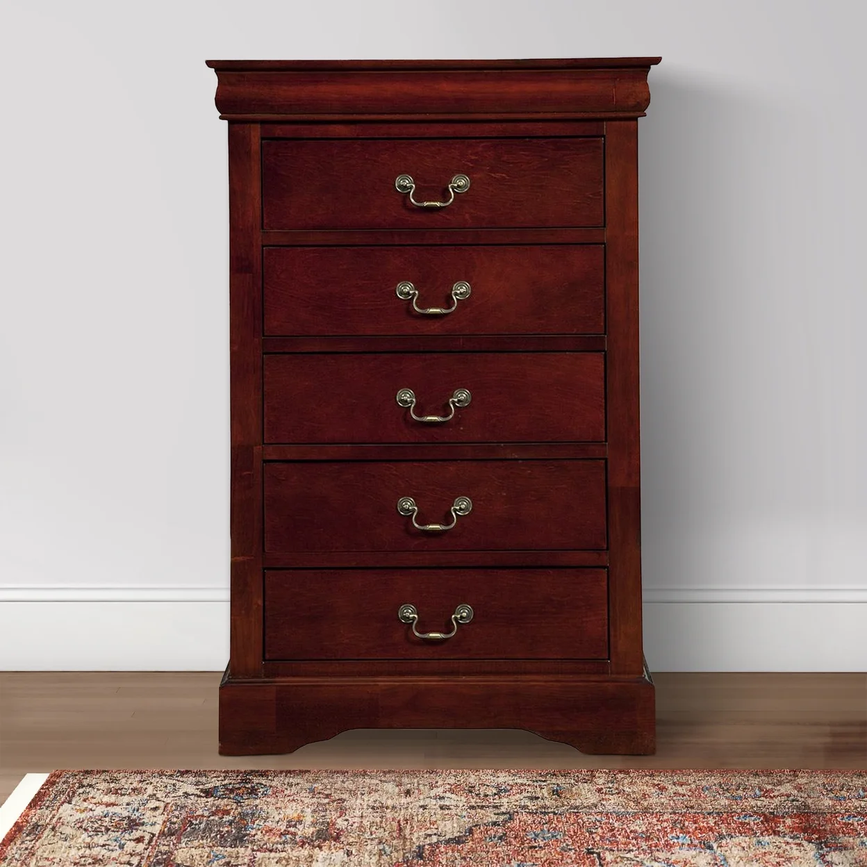 Ryla 48 Inch Tall Dresser Chest, 5 Drawers, Metal Handles, Solid Brown Wood