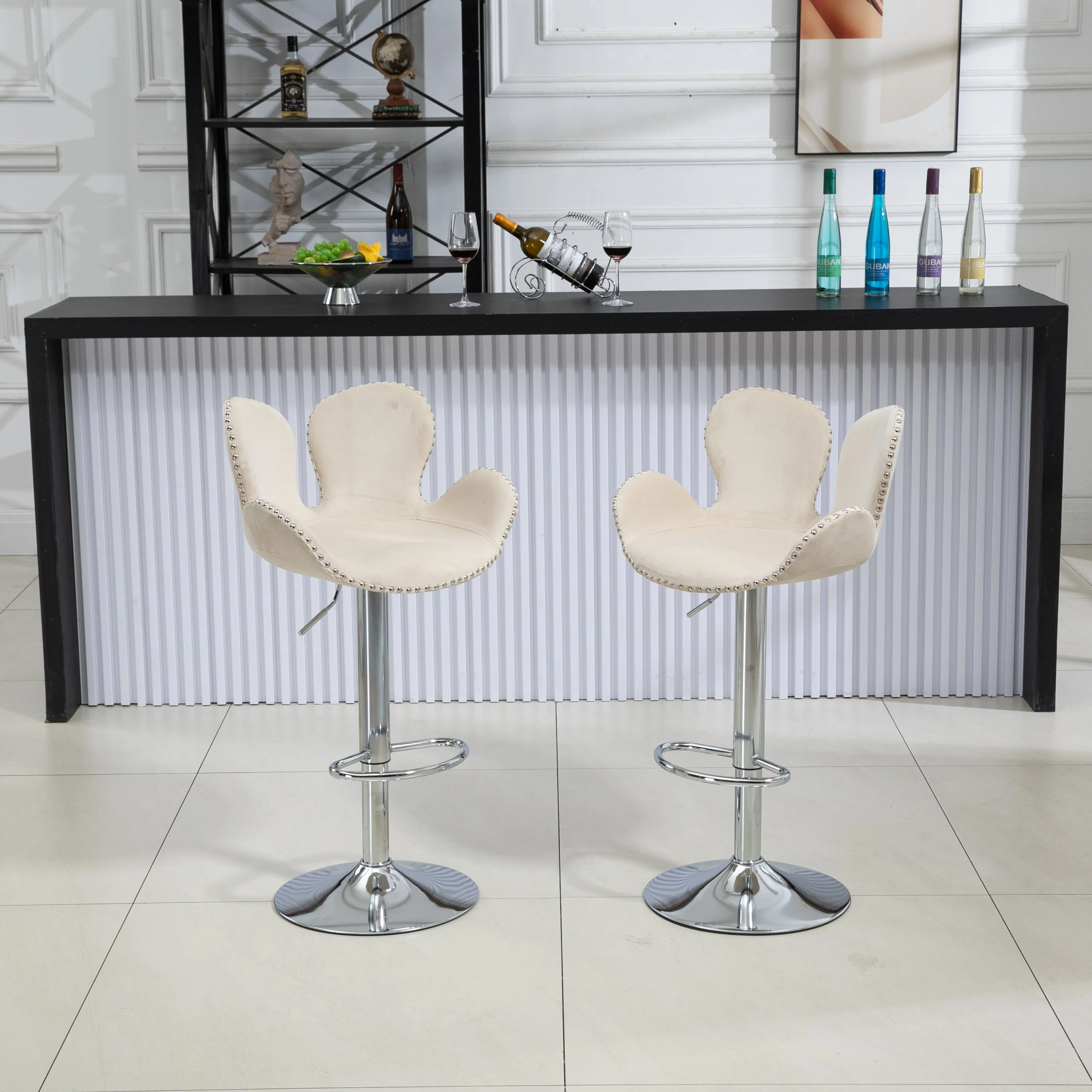 Clove Bar Stools with Back and Footrest  - Beige Set of 2