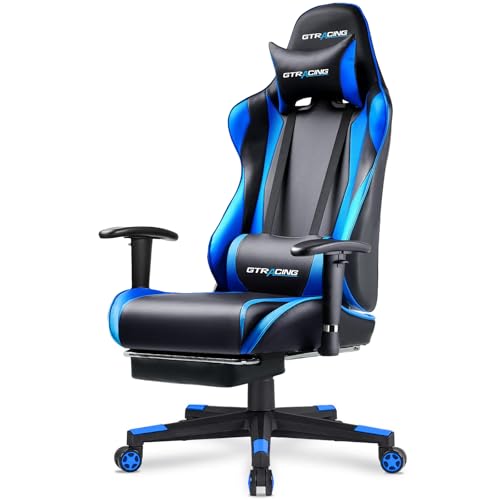 GTRACING Gaming Chair with Footrest, Ergonomic Computer Game Desk Chair, Recline Gaming Chair Seat Height Adjustment, Swivel Rocker with Headrest and Lumbar (Blue)