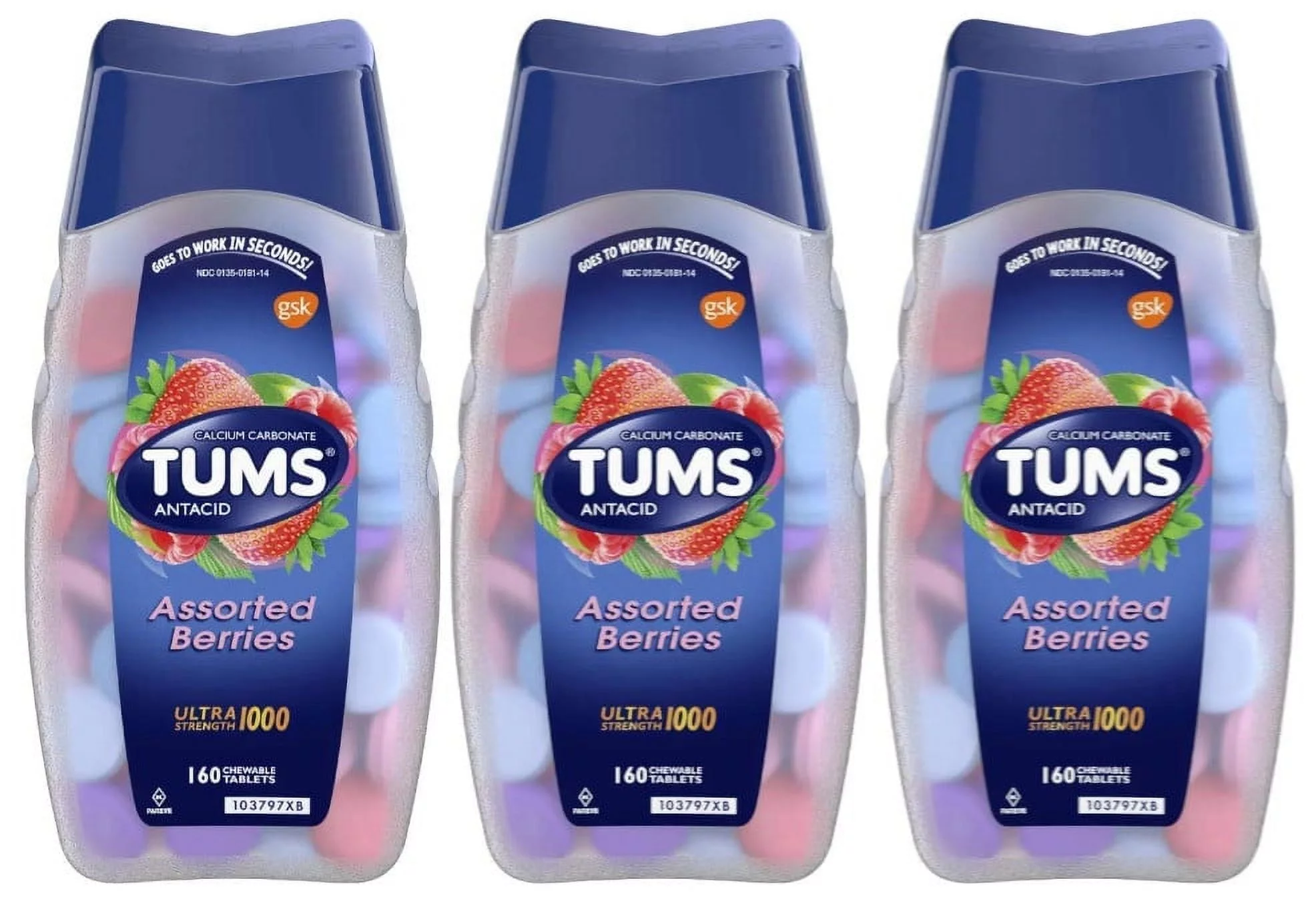 Tums Ultra 1000 Maximum Strength Heartburn Relief Chewable Tablets, Assorted Berries - 160 Ea (Pack of 3)