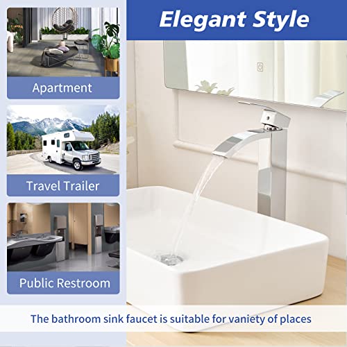 Brushed Nickel Vessel Sink Faucet, Waterfall Bathroom Faucets, Tall Spout Single Handle Single Hole Bathroom Faucets with Pop Up Drain and Without Overflow Basin Faucet Supply Line