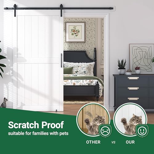 36 in x 84 in White Sliding Barn Door with 6FT Hardware Kit, Floor Guide and Handle Included, Waterproof PVC Surface, Pre-Drilled Holes Easy Assembly, H-Frame White