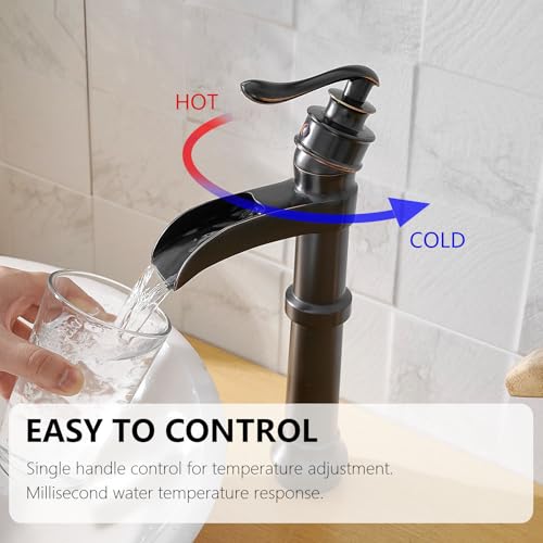 Vessel Sink Faucet, Oil Rubbed Bronze Black Bathroom Faucet, Farmhouse Waterfall Sink Faucet Single Hole with Pop Up Drain Assembly Without Overflow One Hole Mixer Tap Deck Mount