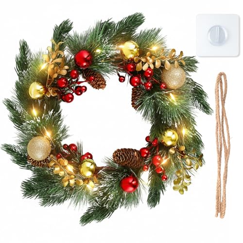 DomeStar 24 Inch Christmas Wreath with Lights, Large Outdoor Waterproof Christmas Wreath with Pine Cones Berry Clusters Frosted Branches for Party Home Porch Walls Decor