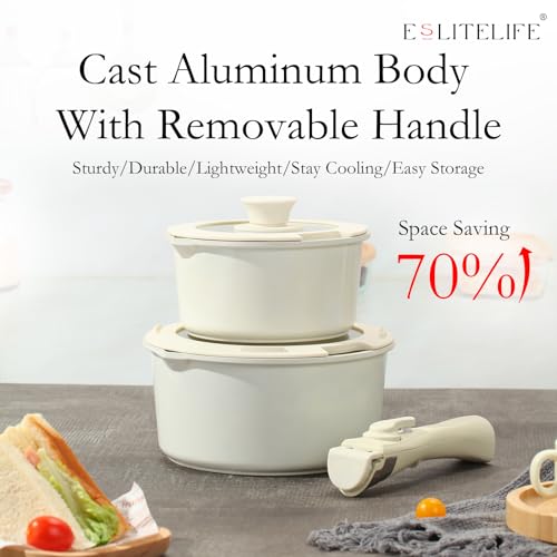 ESLITE LIFE Nonstick Cookware Sets with Detachable Handle, 5 Pcs Granite Coating Pots and Pans Set Kitchen Cooking Set, PFOA Free, Cream