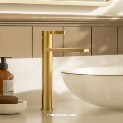 Phiestina Brushed Gold One Hole High Bathroom Vessel Sink Faucet, Single Hole Single Handle Tall Bathroom Faucet, with Pop Up Drain and Water Supply Line,FH01-BG-V