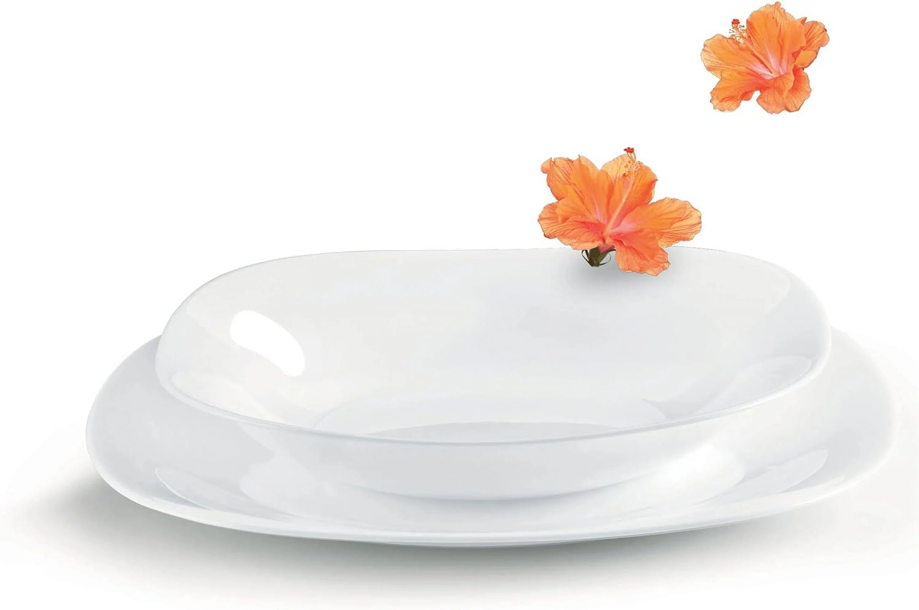 Parma Set Of 6 Pasta Bowls And Soup Plates, 8.75 Inch Tempered Opal Glass, Clean White, & Curved Design, Dishwasher Safe, Made In Spain.