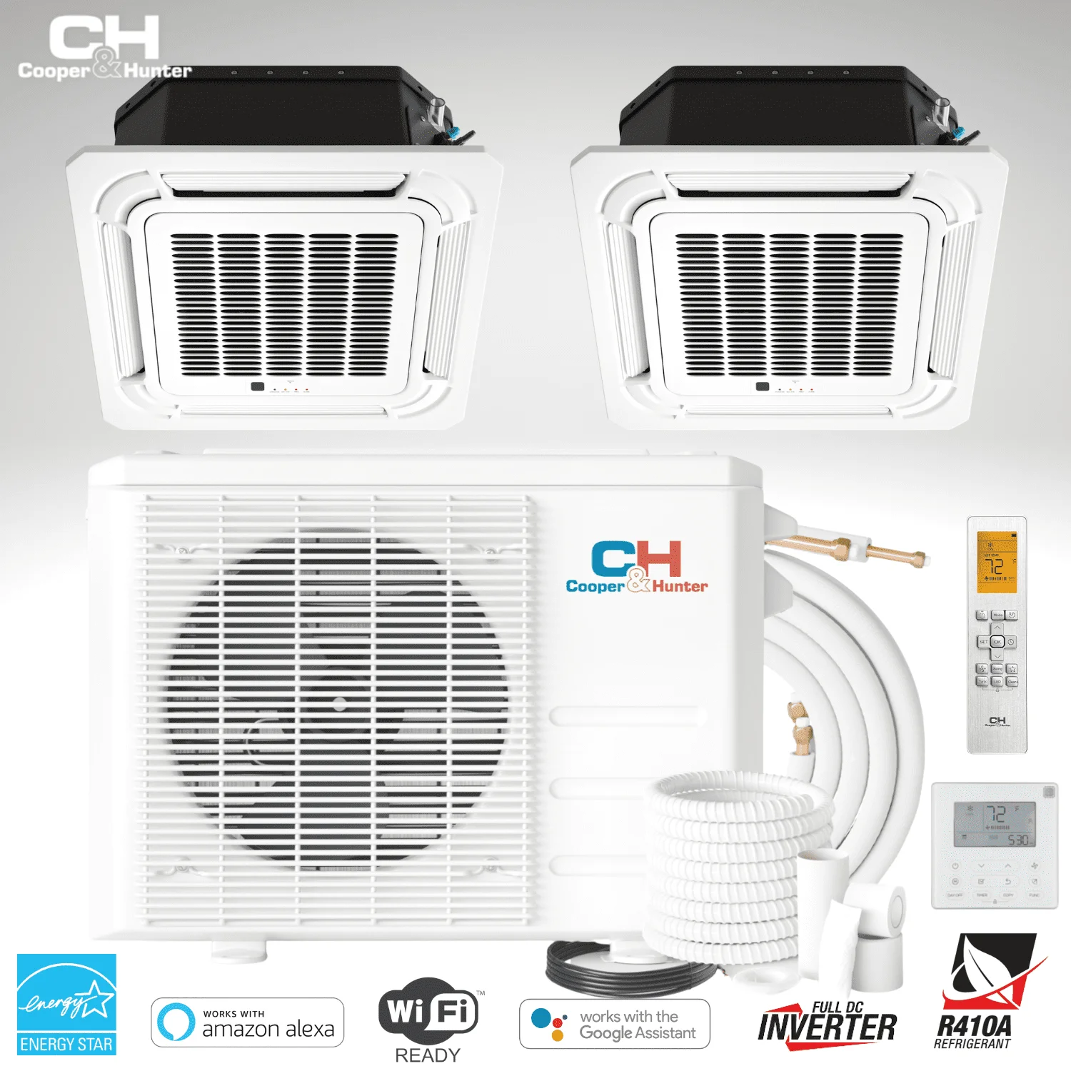 Cooper & Hunter 36000 BTU 230V Ceiling Cassette Dual 2 Zone Mini Split Heat Pump Air Conditioner 18K + 18K BTU Cover 2000 Sq Ft