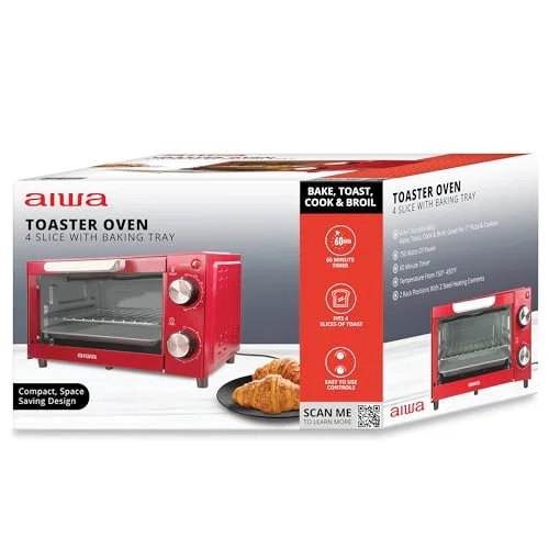 Aiwa 4-Slice Countertop Toaster Oven with Baking Tray, Bake Toast Cook and Broil, Temperature Control, 60 Minute Timer Knob, Automatic Shutoff, Baking Tray and Crumb Tray Included, Red