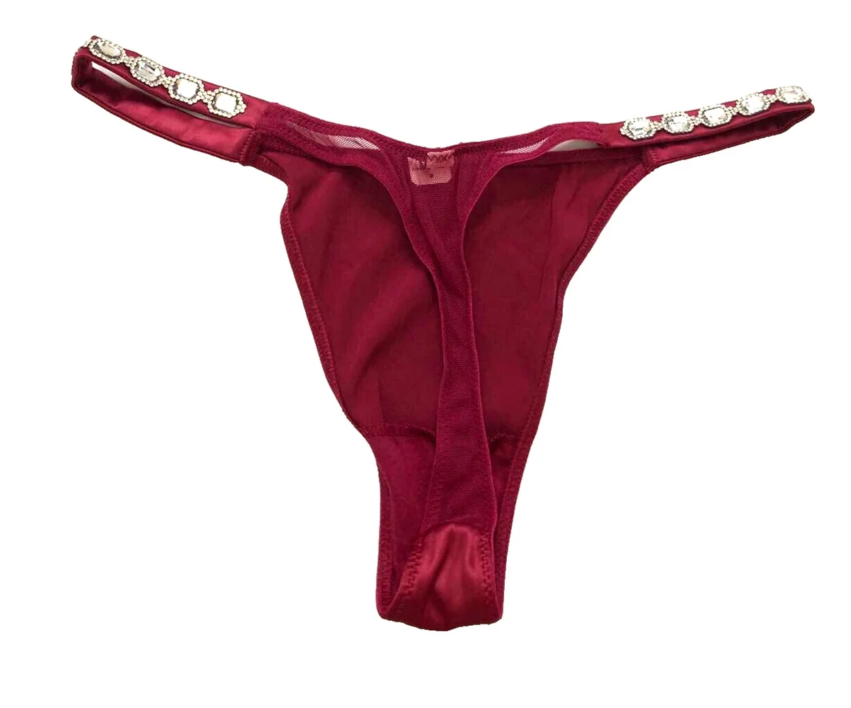 Victoria's Secret Dream Angels Bejeweled Strap Satin Thong Panty Claret Red Size Medium NWT
