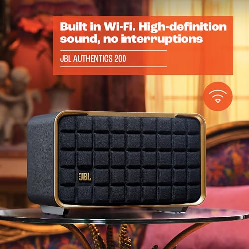 JBL Authentics 200 - Retro Style Smart Home Speaker with Built in Wi-Fi, Bluetooth and Voice Assistants, Alexa and Google Assistant, Multi-Room Playback, Automatic self tuning (Black/Gold)