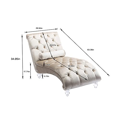 White Faux Fur Chaise Lounge Chair Indoor for Living Room Bedroom, Armless Upholstered Lounge Chair with Clear Legs & Rivet Decor, Indoor Sleeper Chair Curved Cushion Fabric Chairs