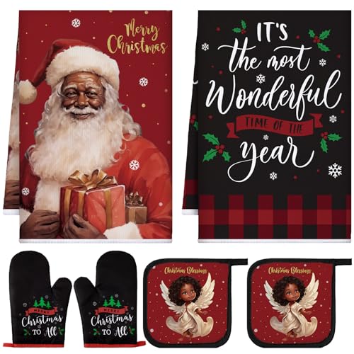 Leinuosen 6 Pieces Christmas Kitchen Set Dish Hand Towels Pot Holders and Oven Mitts Set Tea Towels Non Slip Heat Resistant Oven Gloves for Xmas Kitchen Cooking Baking Grilling(Xmas Tree)