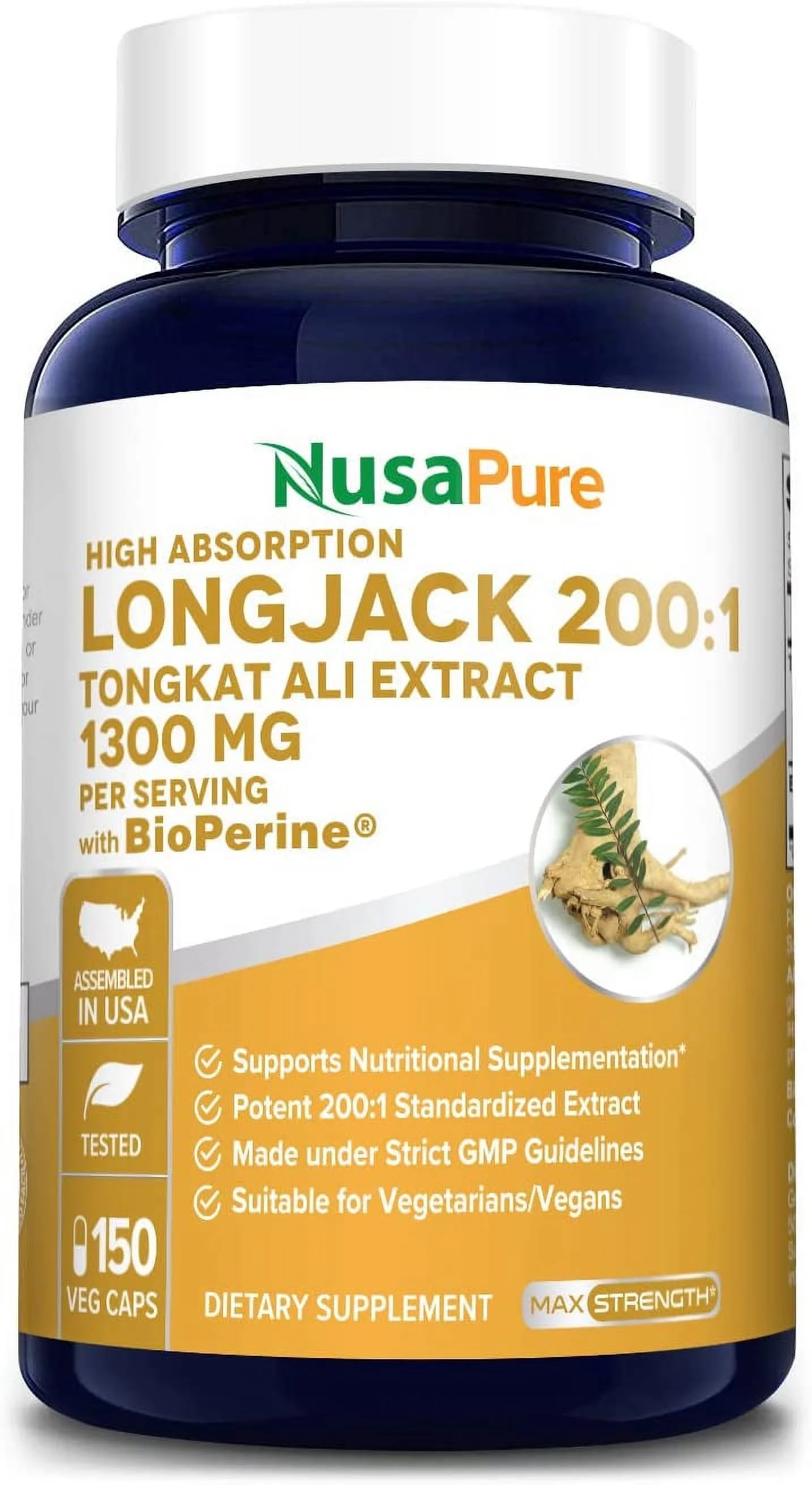 NusaPure Longjack Tongkat Ali 260,000mg 150 Veggie Caps (Non-GMO & Gluten Free) with Bioperine