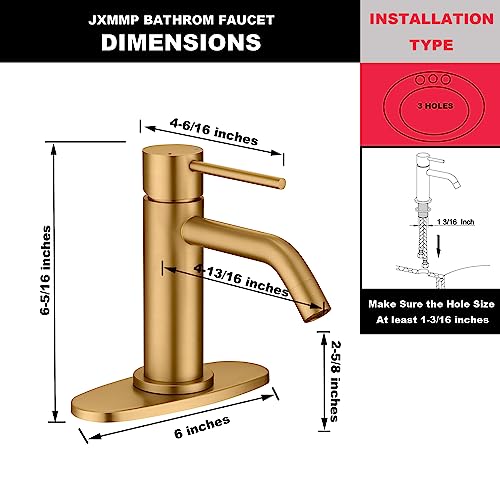 Brushed Gold Vessel Sink Faucet with Pop Up Drain and Supply Lines, Stainless Steel Gold Vanity Faucet Single Hole, JXMMP Single Handle Bathroom Faucet Gold, JXM1001BG