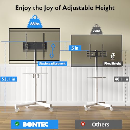 Mobile TV Cart for 23-60 Inch LED LCD Flat Curved Screens TVs, Rolling TV Stand with Locking Wheels Holds Up to 88lbs, Height Adjustable Portable Floor Stand with Media Shelf Tray, Max VESA 400x400mm