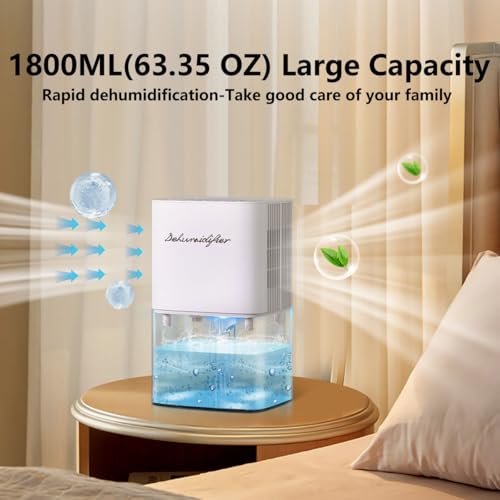 Dehumidifier 1800ML 63OZ Small Dehumidifiers for Home 230 Ft² Safety Dehumidification Adjustable 10 Color Lights 5 Timers 3 Setting Modes Auto Shut Off Protection Low Noise For Bedroom Bathroom