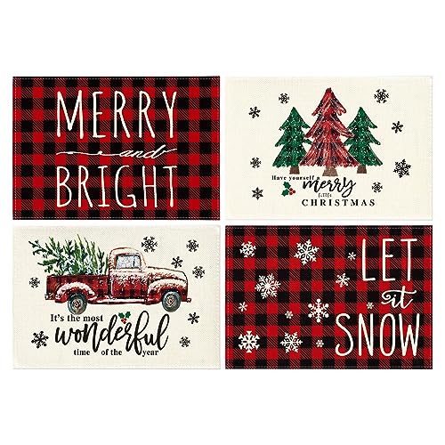 Artoid Mode Merry and Bright Buffalo Plaid Christmas Placemats for Dining Table, 12 x 18 Inch Seasonal Winter Watercolor Truck Xmas Tree Holiday Rustic Vintage Washable Table Mats Set of 4